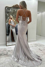 Fuchsia Spaghetti Straps Satin Long Corset Prom Dress with Beading