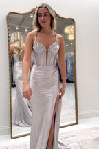 Fuchsia Spaghetti Straps Satin Long Corset Prom Dress with Beading