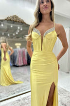 Fuchsia Spaghetti Straps Satin Long Corset Prom Dress with Beading