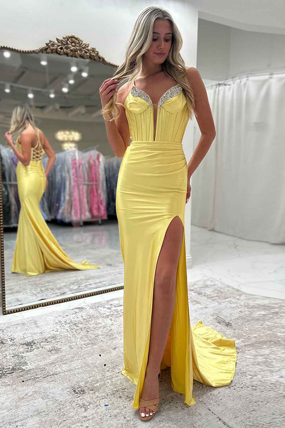 Fuchsia Spaghetti Straps Satin Long Corset Prom Dress with Beading
