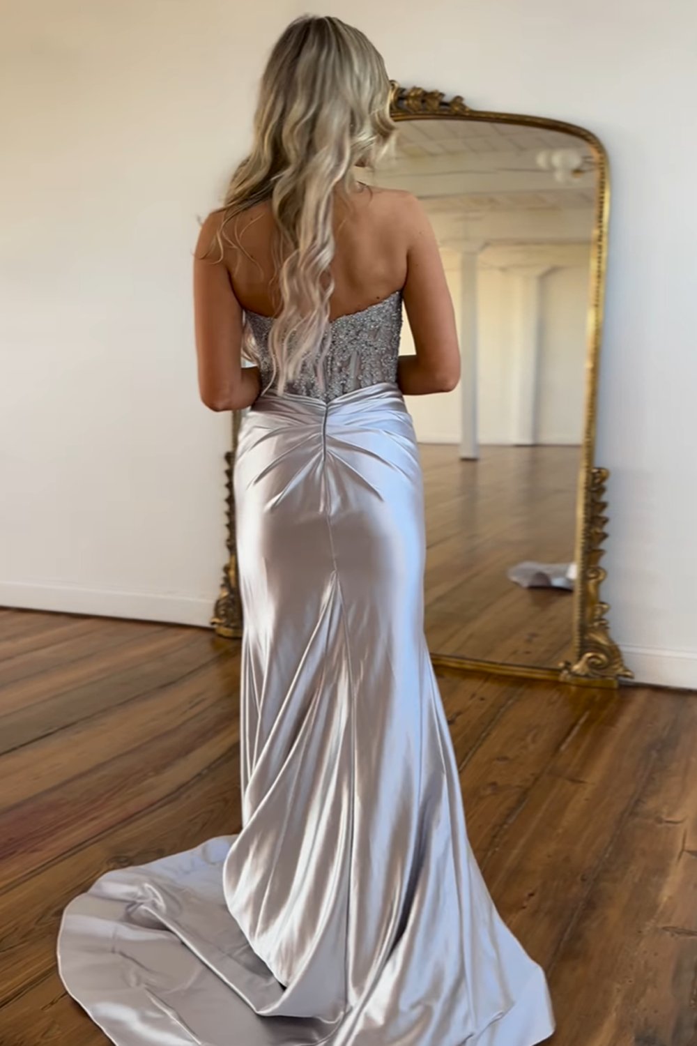 Navy Mermaid Sweetheart Long Corset Prom Dress with Slit