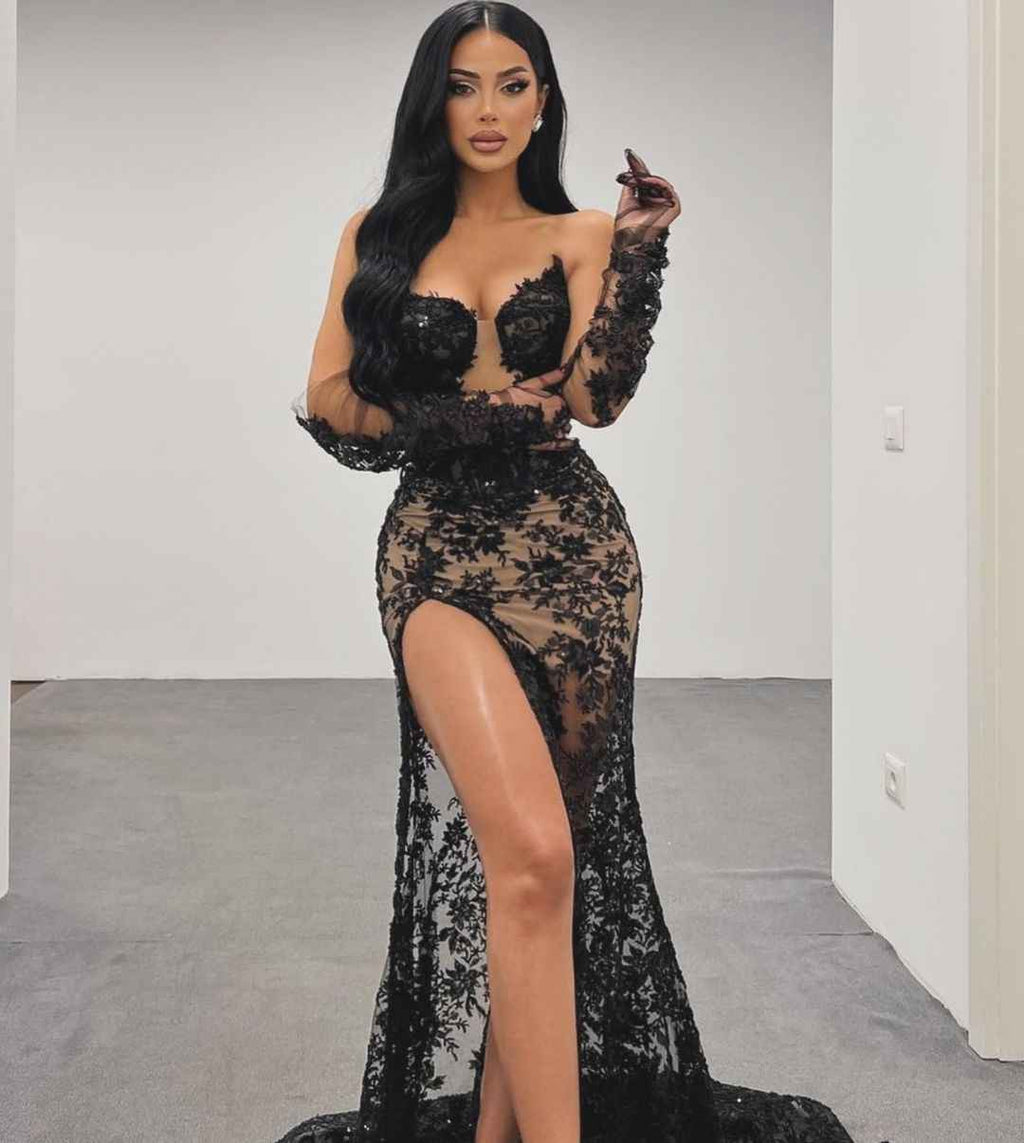 Stunning Black Strapless Long Split Embroidered Prom Dress With Gloves