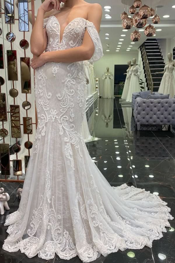 Off-the-shoulder Long Mermaid Wedding Dress With Tulle Lace BM bride