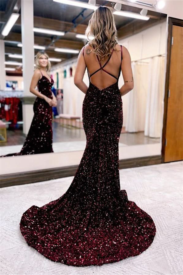 Chic Sequins Long Evening Dress with V Neck Spaghetti Straps BM bride