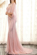 Pink Sequins Mermaid Ruffles Sleeves Prom Dress With Scoop Beadings