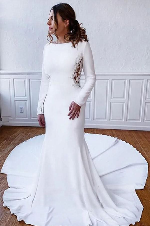 Long Sleeve Illusion Lace Back Sheath Wedding Dress with Appliques BM bride