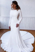 Long Sleeve Illusion Lace Back Sheath Wedding Dress with Appliques BM bride