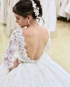 A-line Lace Backless Long Wedding Dress With Sleeves BM bride