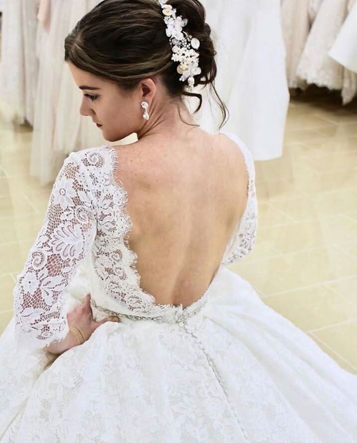 A-line Lace Backless Long Wedding Dress With Sleeves BM bride