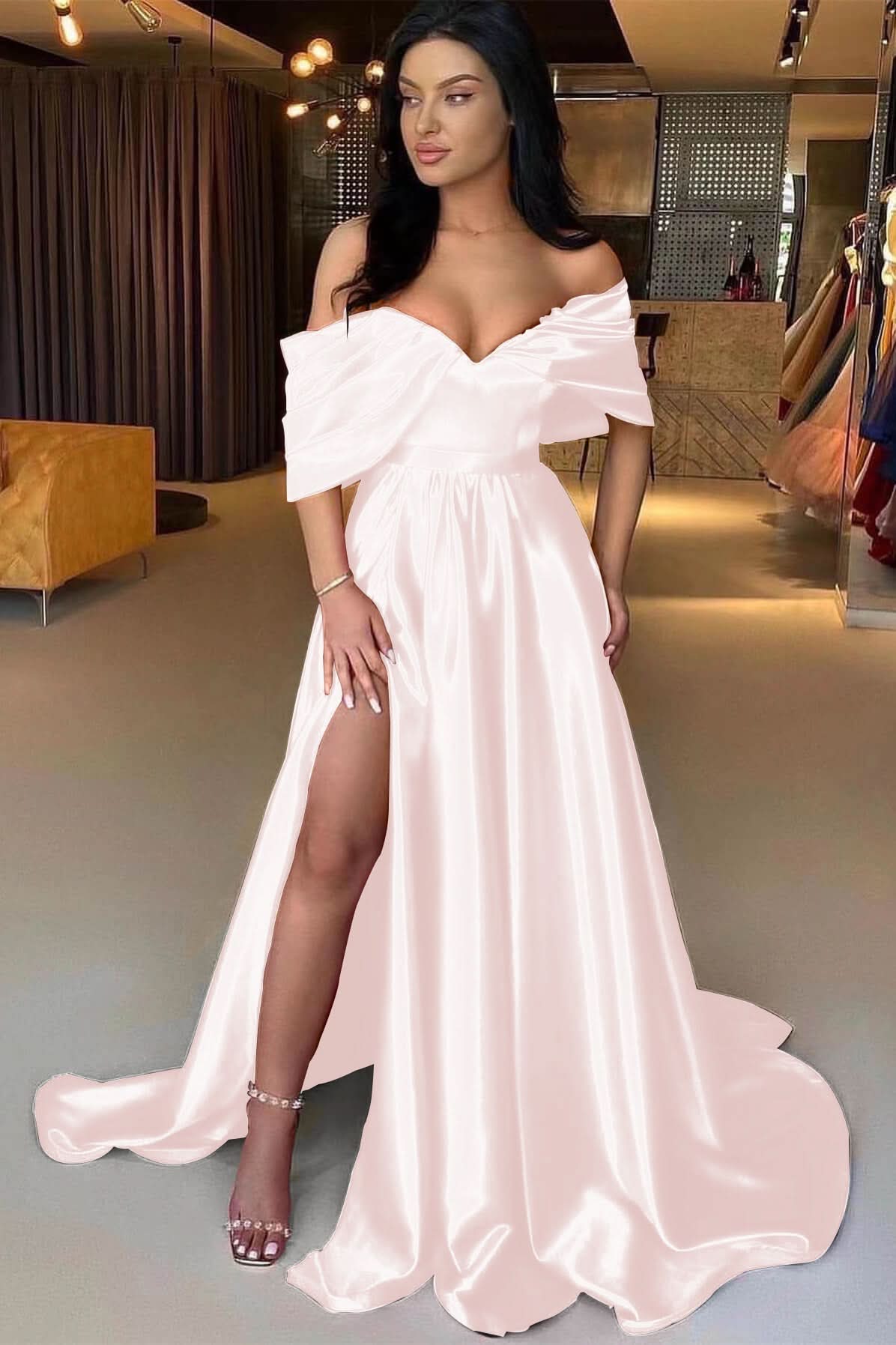 Red Off-The-Shoulder A-Line Prom Dress with Split BM bride