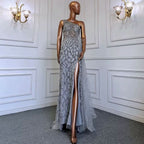 Elegant One-Shoulder Mermaid Evening Dress with Split, Beading, and Feathers BM bride