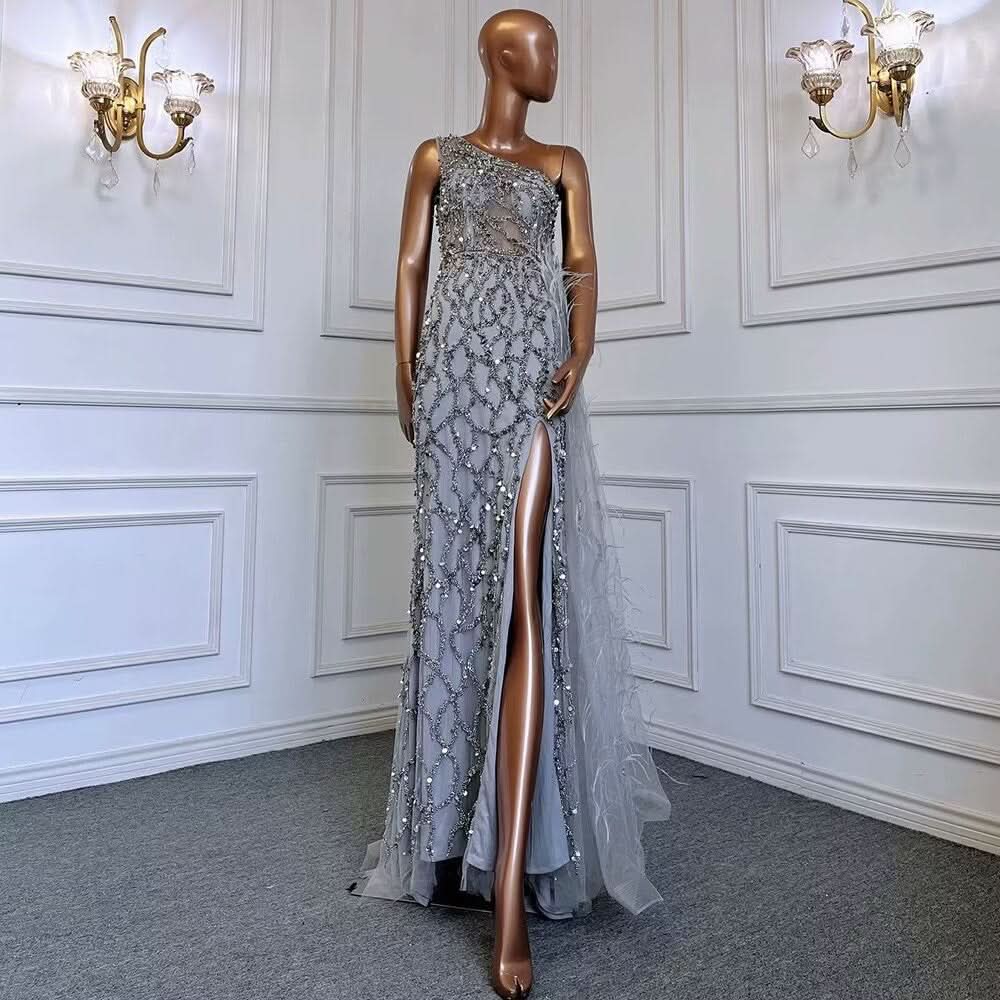 Elegant Mermaid Evening Dress with Beading and Feather Detail BM bride