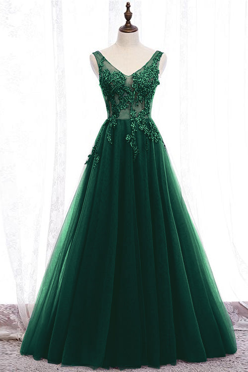 Glamorous Purple V Neck Sleeveless Long A Line Prom Dress With Appliques
