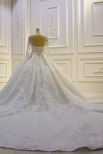 Long Sleeve Ball Gown Beaded Church Train Wedding Dress with Lace Appliques BM bride
