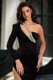 Elegant Black One Shoulder Prom Dress with Rhinestone BM bride