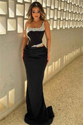 Black Strapless Sleeveless Pleated Mermaid Long Prom Dress With Beadings