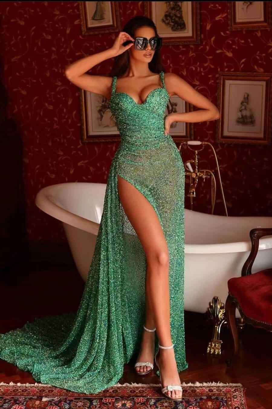 Green Front Split Prom Dress With Sweetheart Sleeveless Sequins Mermaid