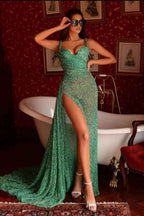 Green Front Split Prom Dress With Sweetheart Sleeveless Sequins Mermaid