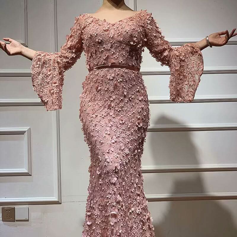 Dusty Rose Prom Dress, V-Neck Long Sleeve Mermaid with Applique BM bride