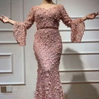 Dusty Rose Prom Dress, V-Neck Long Sleeve Mermaid with Applique BM bride