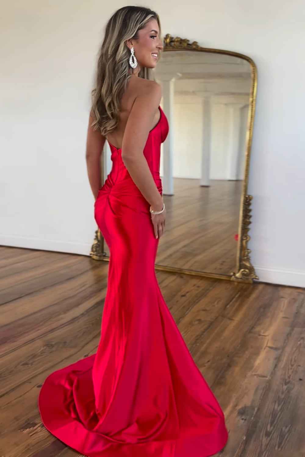 Navy Halter Neck Satin Mermaid Long Corset Prom Dress with Slit
