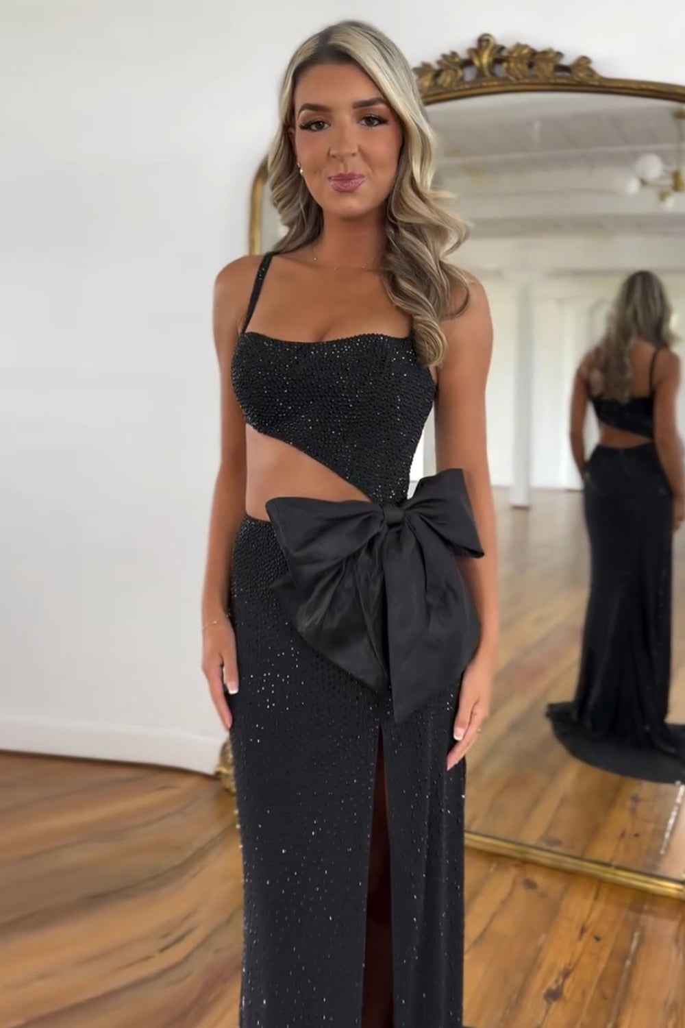 Glitter Black Spaghetti Straps Mermaid Cut-out Long Prom Dress with Beading