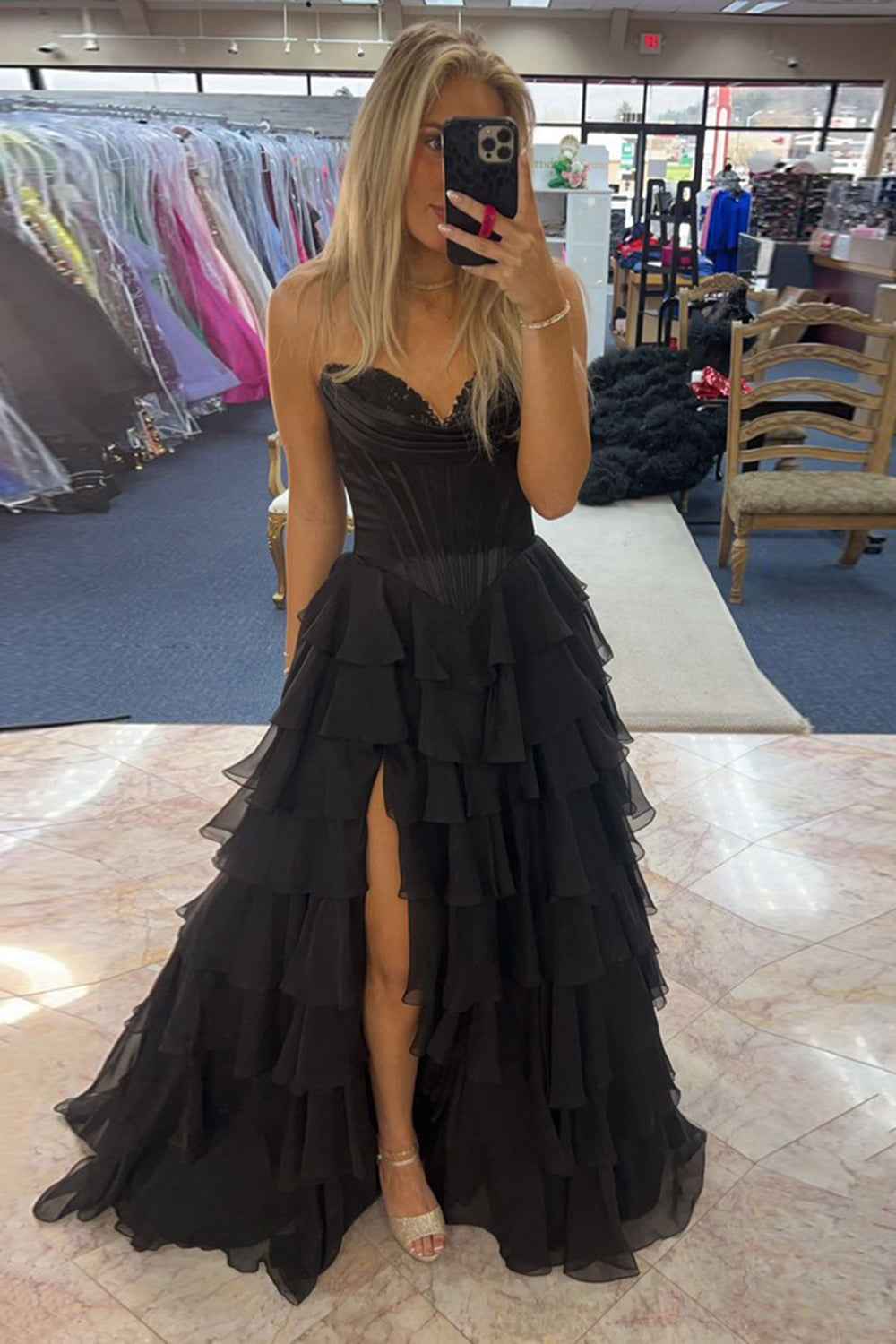 Yellow Princess Sweetheart Chiffon Ruffled Long Corset Prom Dress with Slit