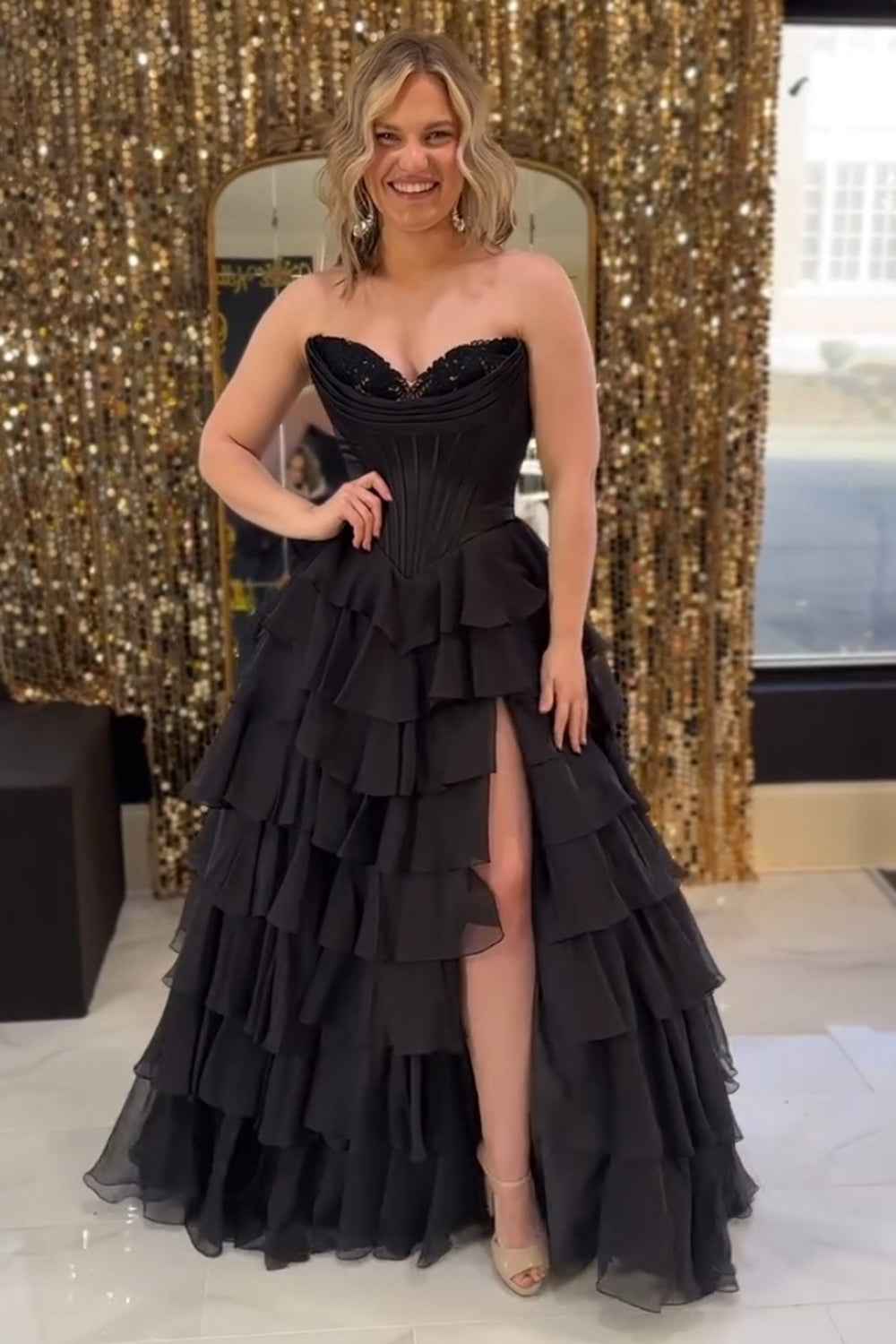 Yellow Princess Sweetheart Chiffon Ruffled Long Corset Prom Dress with Slit
