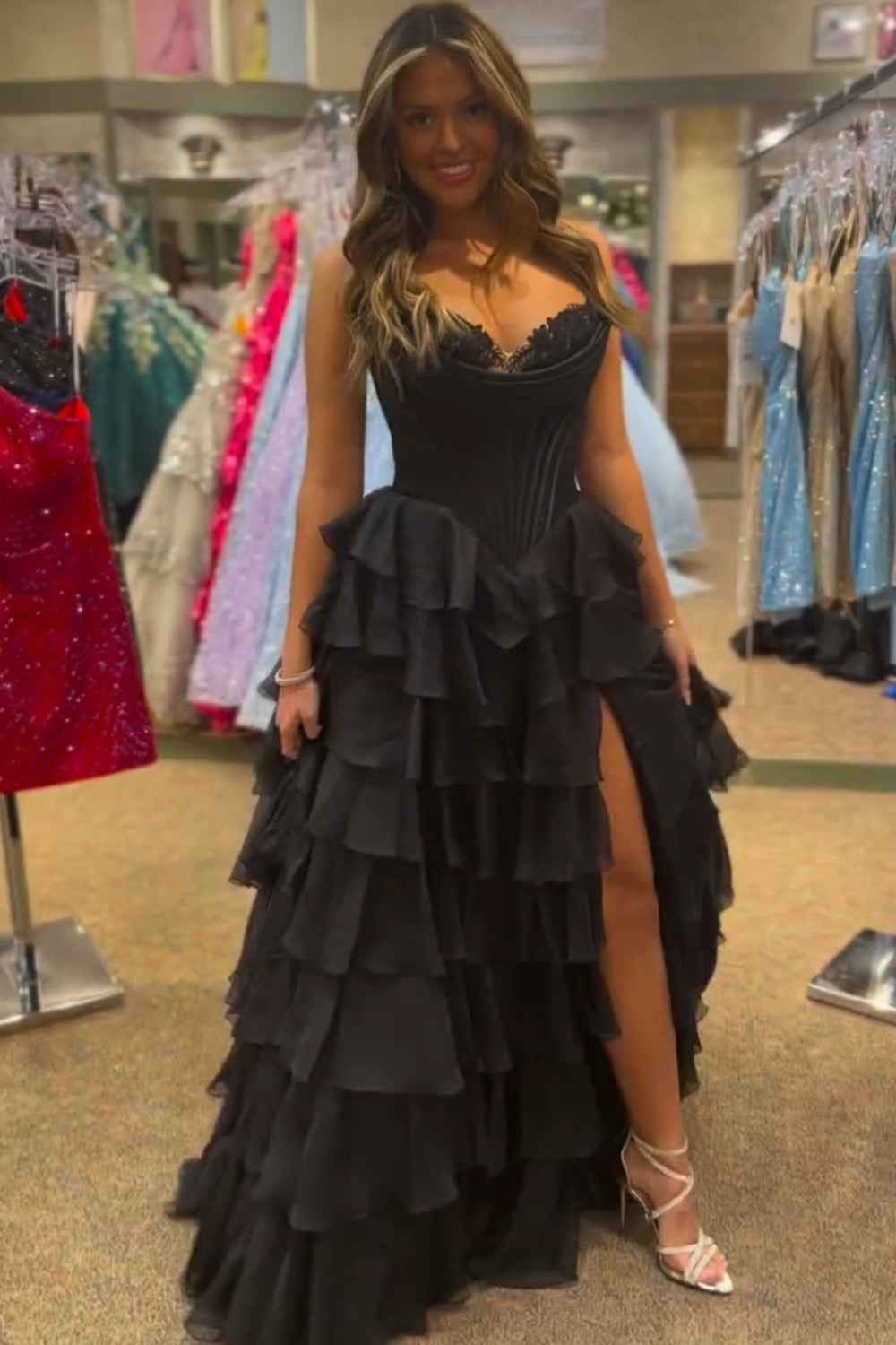Yellow Princess Sweetheart Chiffon Ruffled Long Corset Prom Dress with Slit