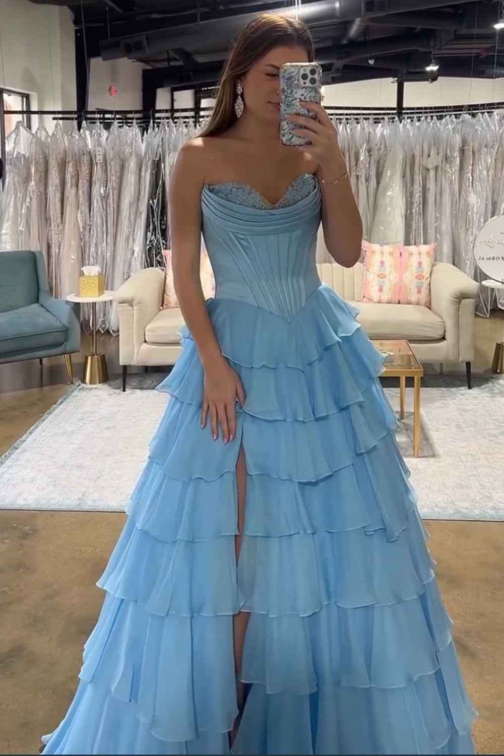 Yellow Princess Sweetheart Chiffon Ruffled Long Corset Prom Dress with Slit