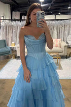 Yellow Princess Sweetheart Chiffon Ruffled Long Corset Prom Dress with Slit
