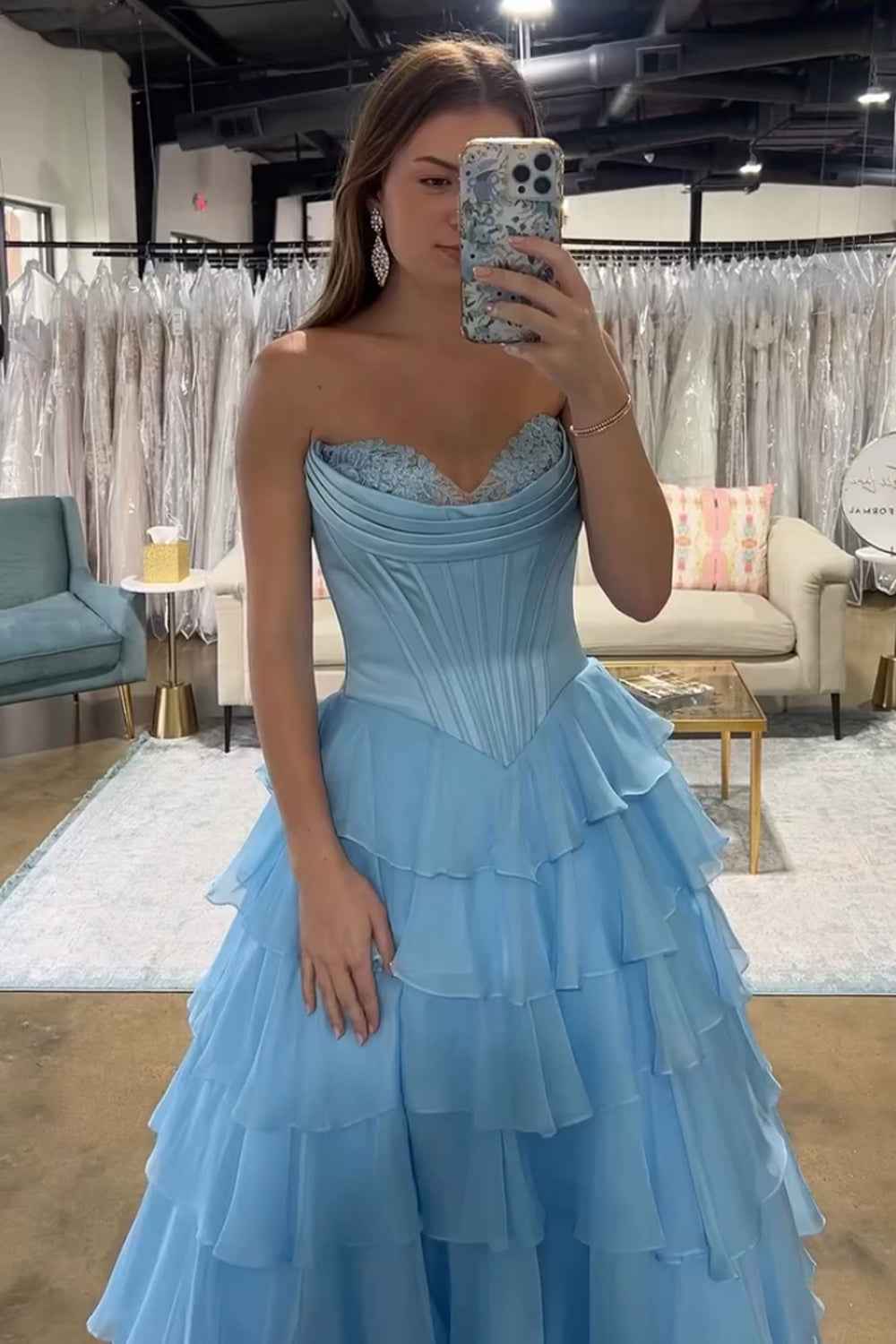 Yellow Princess Sweetheart Chiffon Ruffled Long Corset Prom Dress with Slit