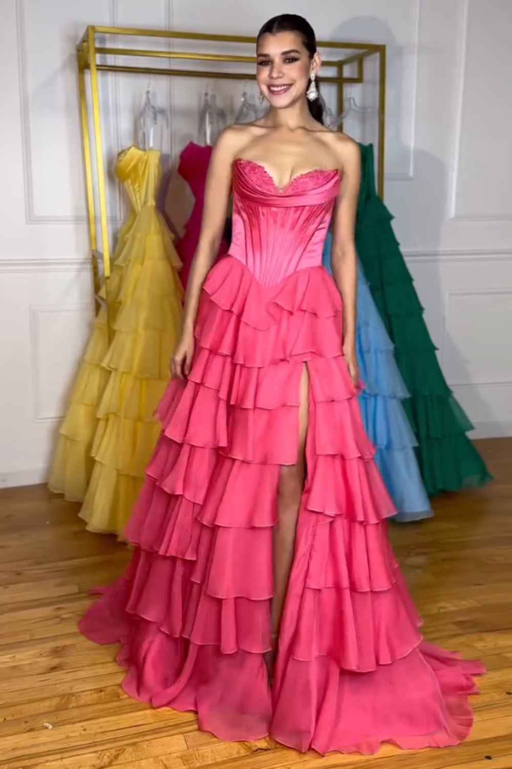 Yellow Princess Sweetheart Chiffon Ruffled Long Corset Prom Dress with Slit