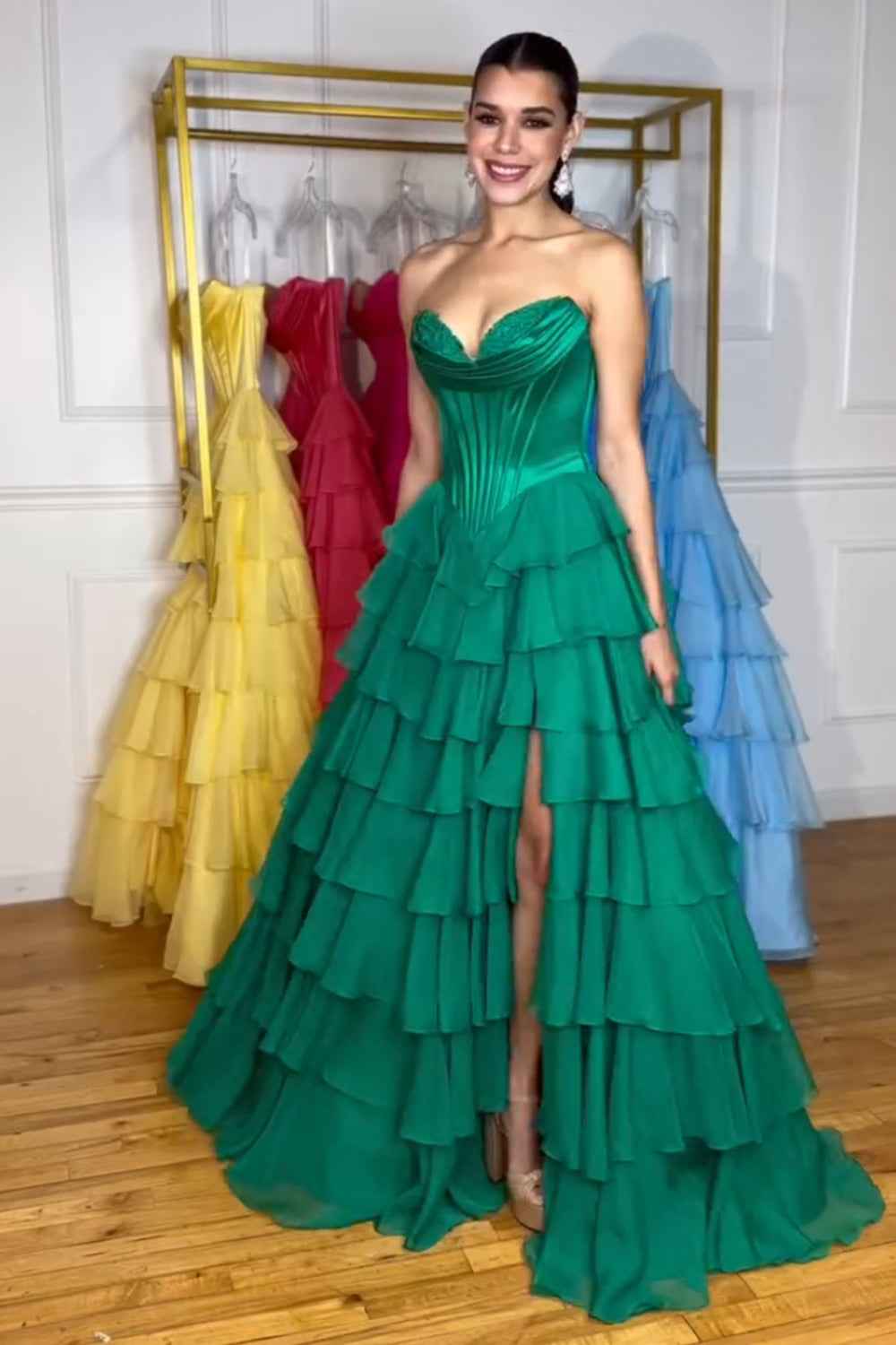 Yellow Princess Sweetheart Chiffon Ruffled Long Corset Prom Dress with Slit