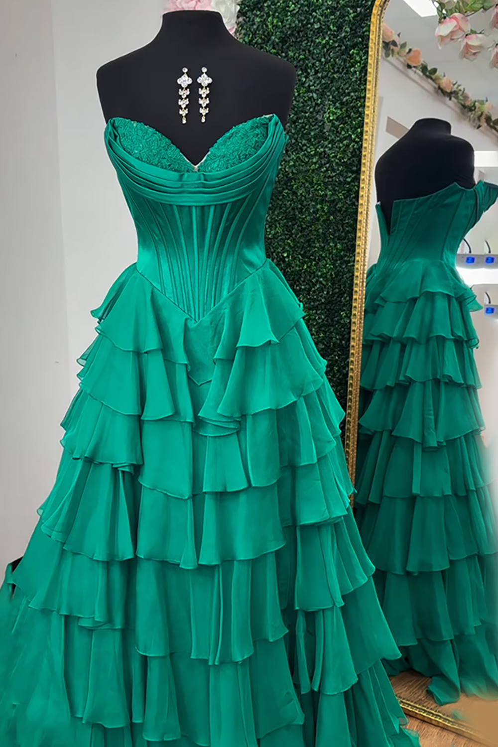 Blue Sweetheart Ruffled Long Corset Prom Dress with Slit