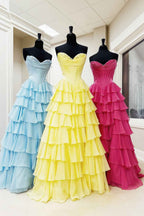 Yellow Princess Sweetheart Chiffon Ruffled Long Corset Prom Dress with Slit