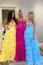 Yellow Princess Sweetheart Chiffon Ruffled Long Corset Prom Dress with Slit
