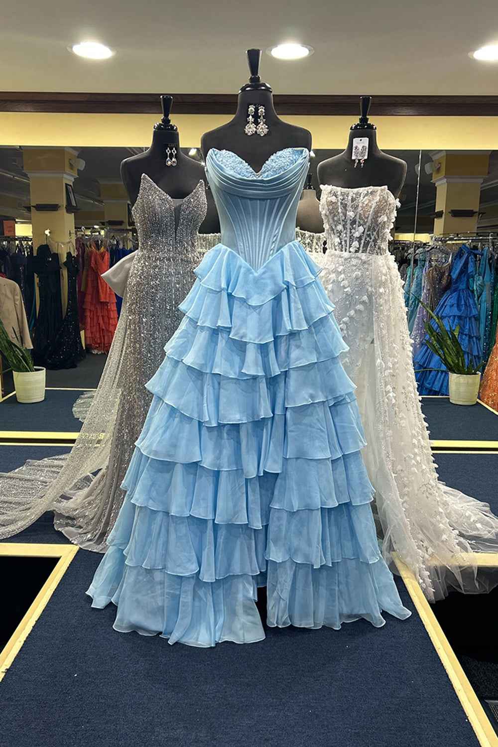 Yellow Princess Sweetheart Chiffon Ruffled Long Corset Prom Dress with Slit