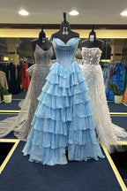 Yellow Princess Sweetheart Chiffon Ruffled Long Corset Prom Dress with Slit