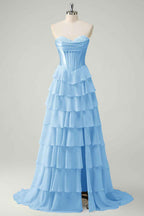 Yellow Princess Sweetheart Chiffon Ruffled Long Corset Prom Dress with Slit