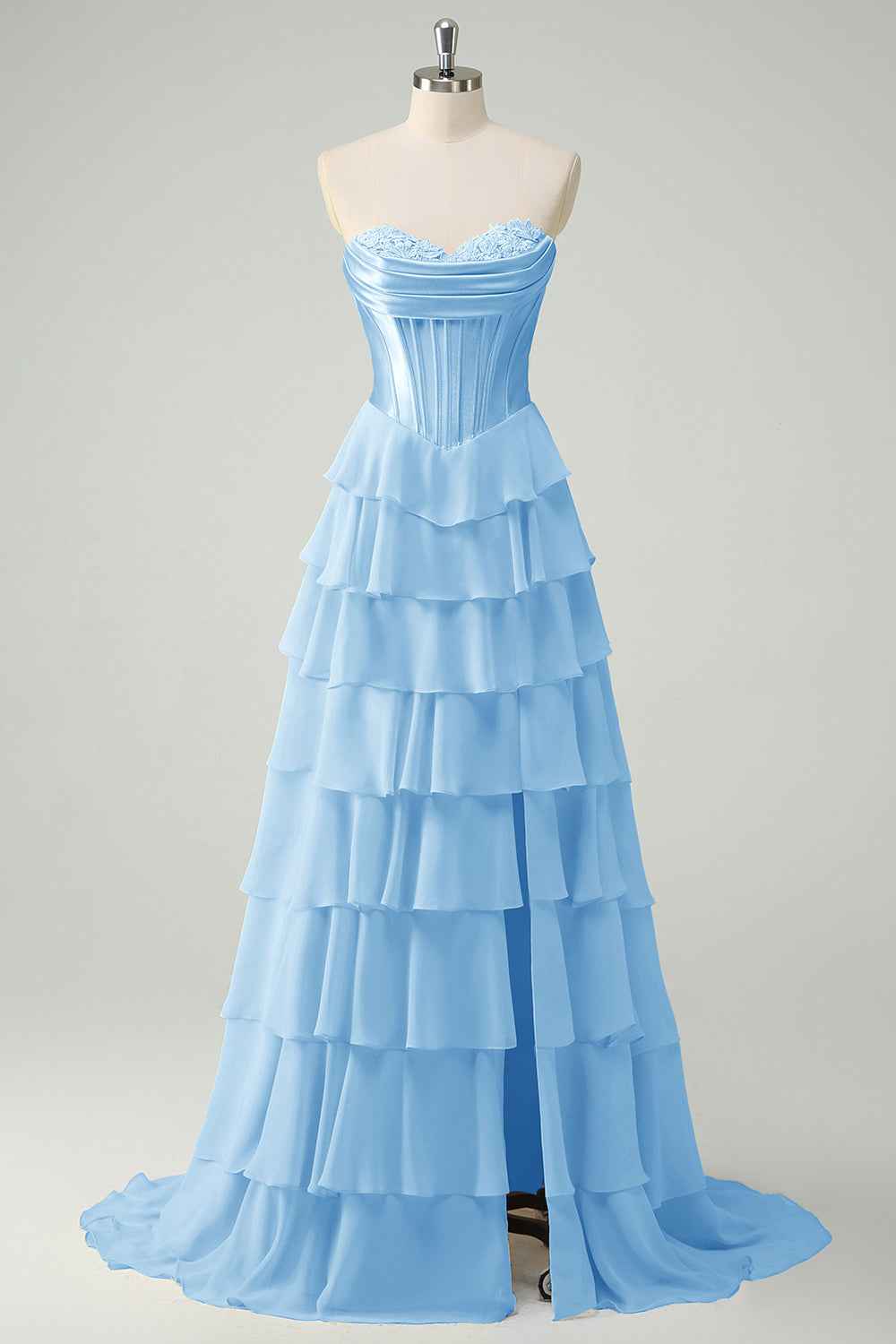 Yellow Princess Sweetheart Chiffon Ruffled Long Corset Prom Dress with Slit