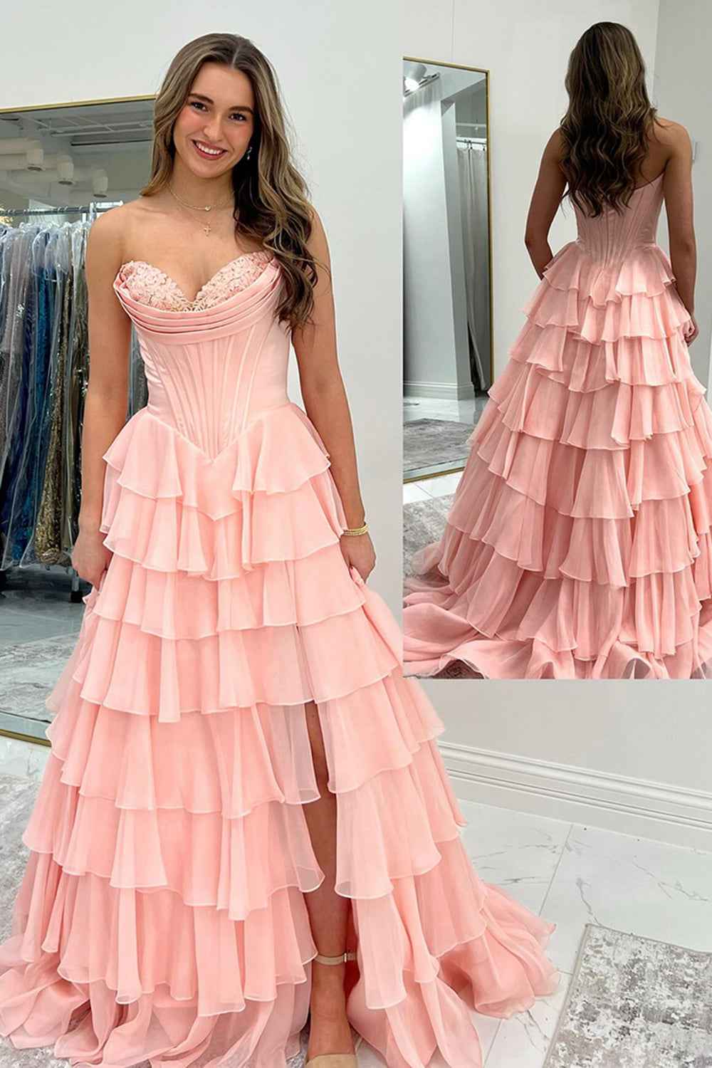 Blue Sweetheart Ruffled Long Corset Prom Dress with Slit