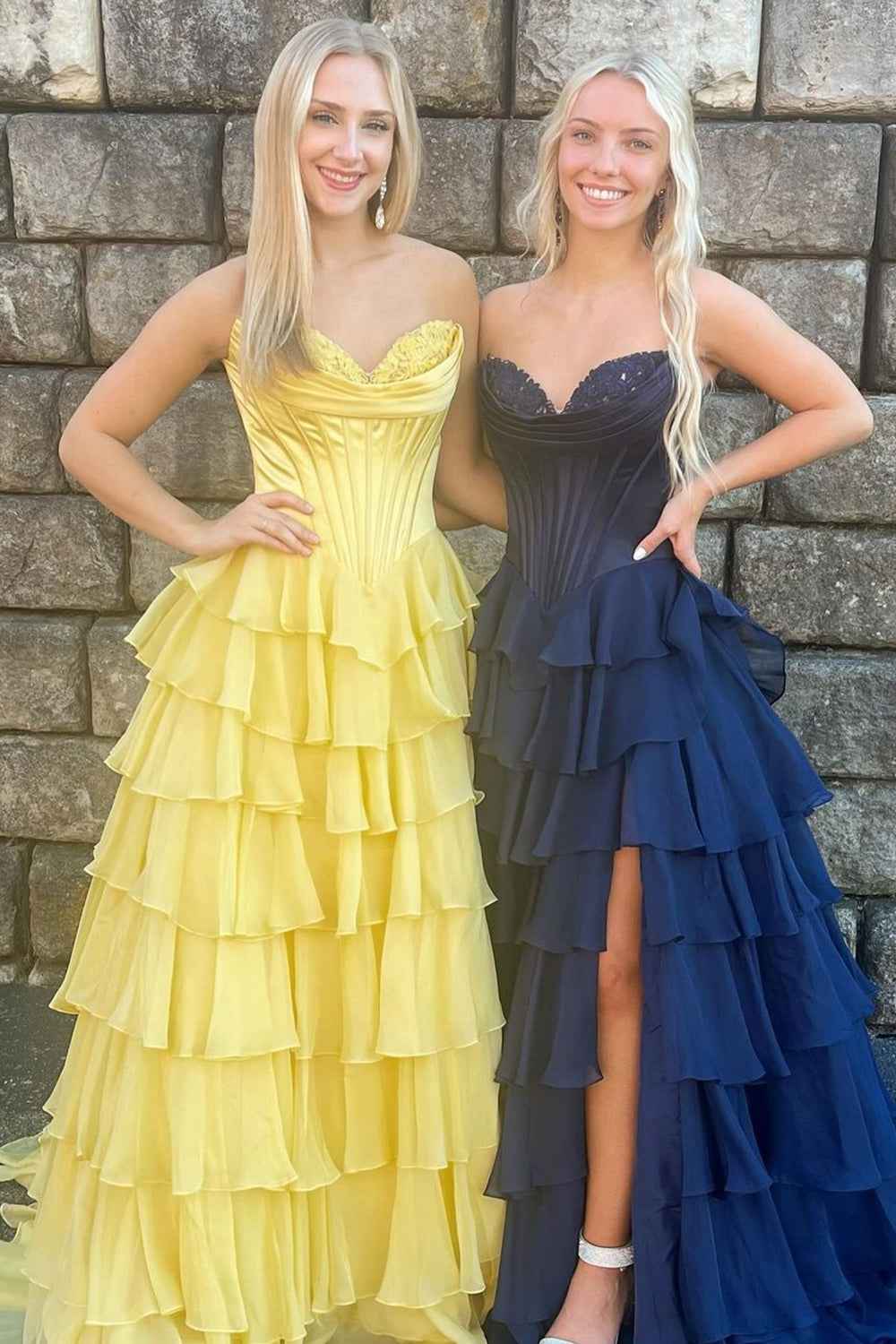 Yellow Princess Sweetheart Chiffon Ruffled Long Corset Prom Dress with Slit