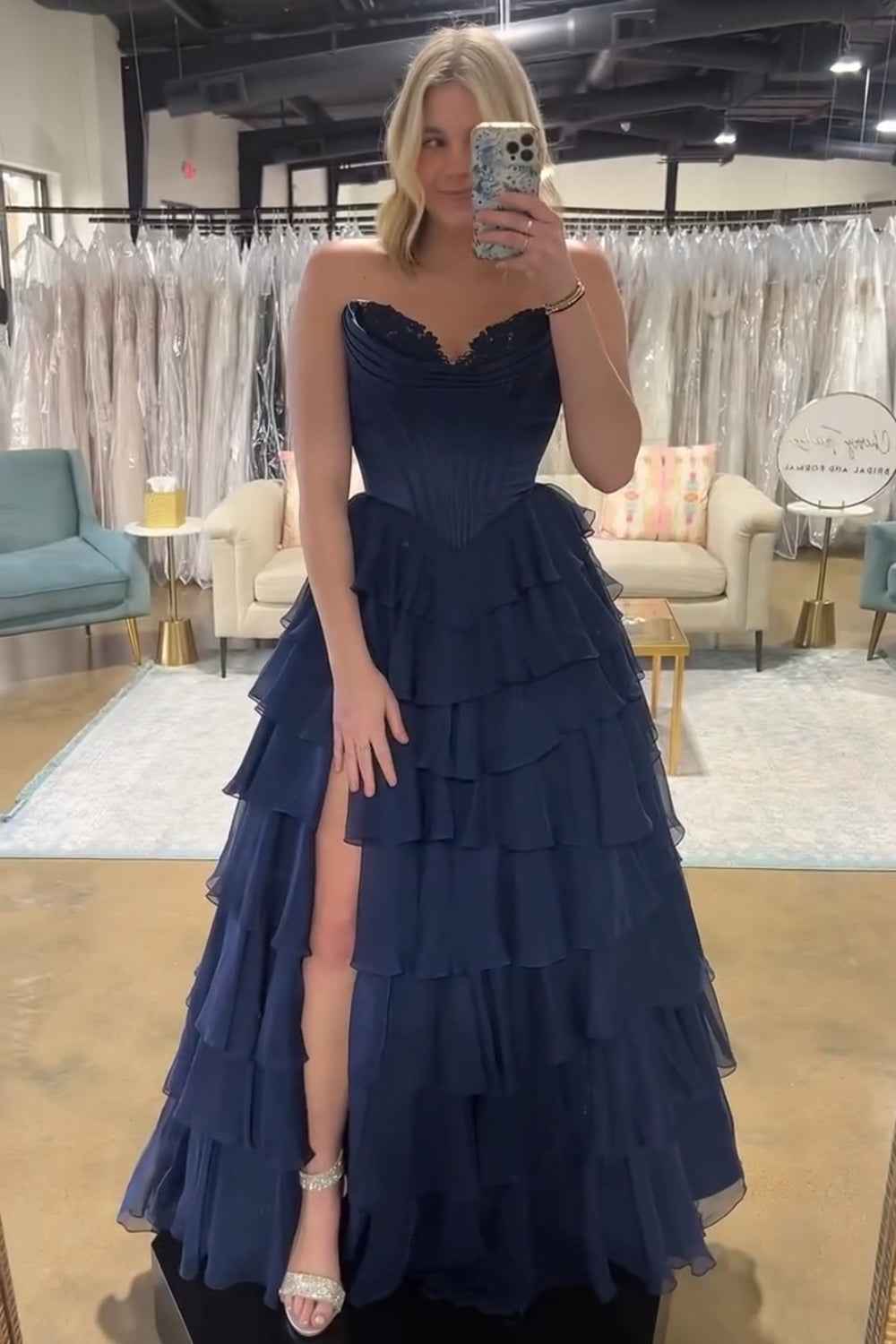 Yellow Princess Sweetheart Chiffon Ruffled Long Corset Prom Dress with Slit