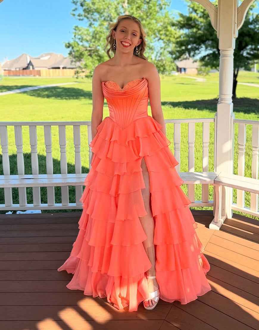 Yellow Princess Sweetheart Chiffon Ruffled Long Corset Prom Dress with Slit