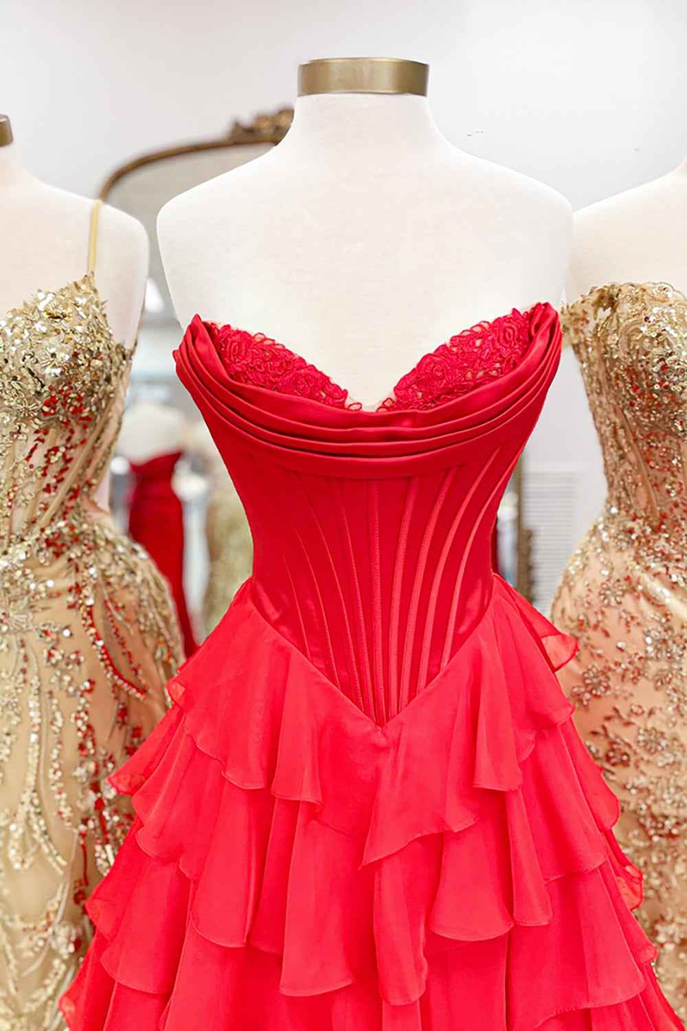Yellow Princess Sweetheart Chiffon Ruffled Long Corset Prom Dress with Slit