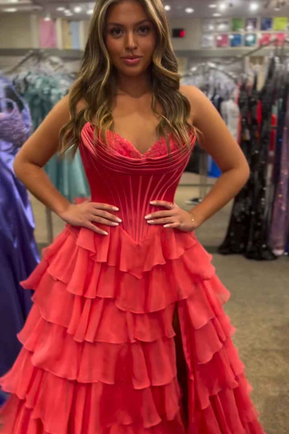 Yellow Princess Sweetheart Chiffon Ruffled Long Corset Prom Dress with Slit