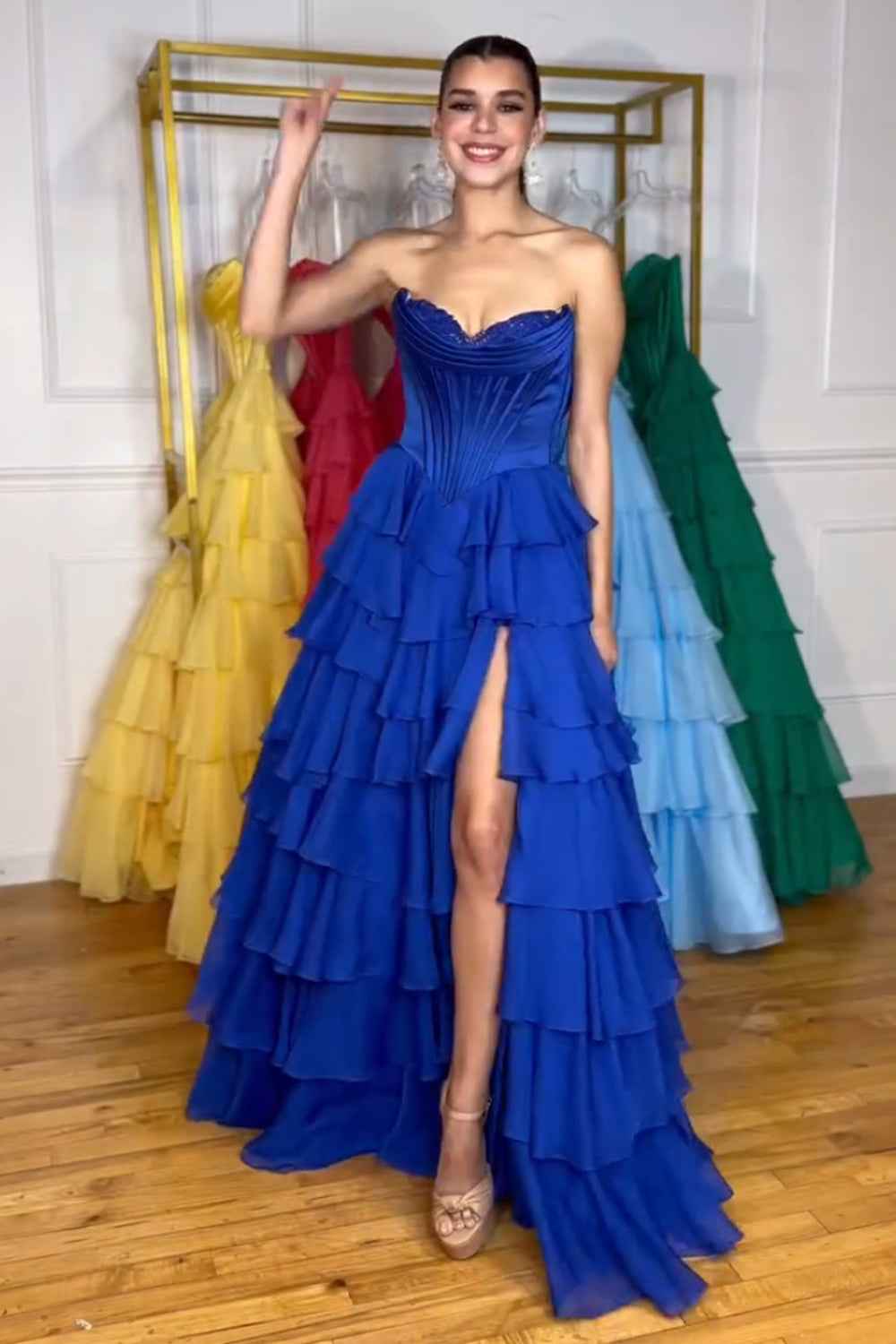 Yellow Princess Sweetheart Chiffon Ruffled Long Corset Prom Dress with Slit