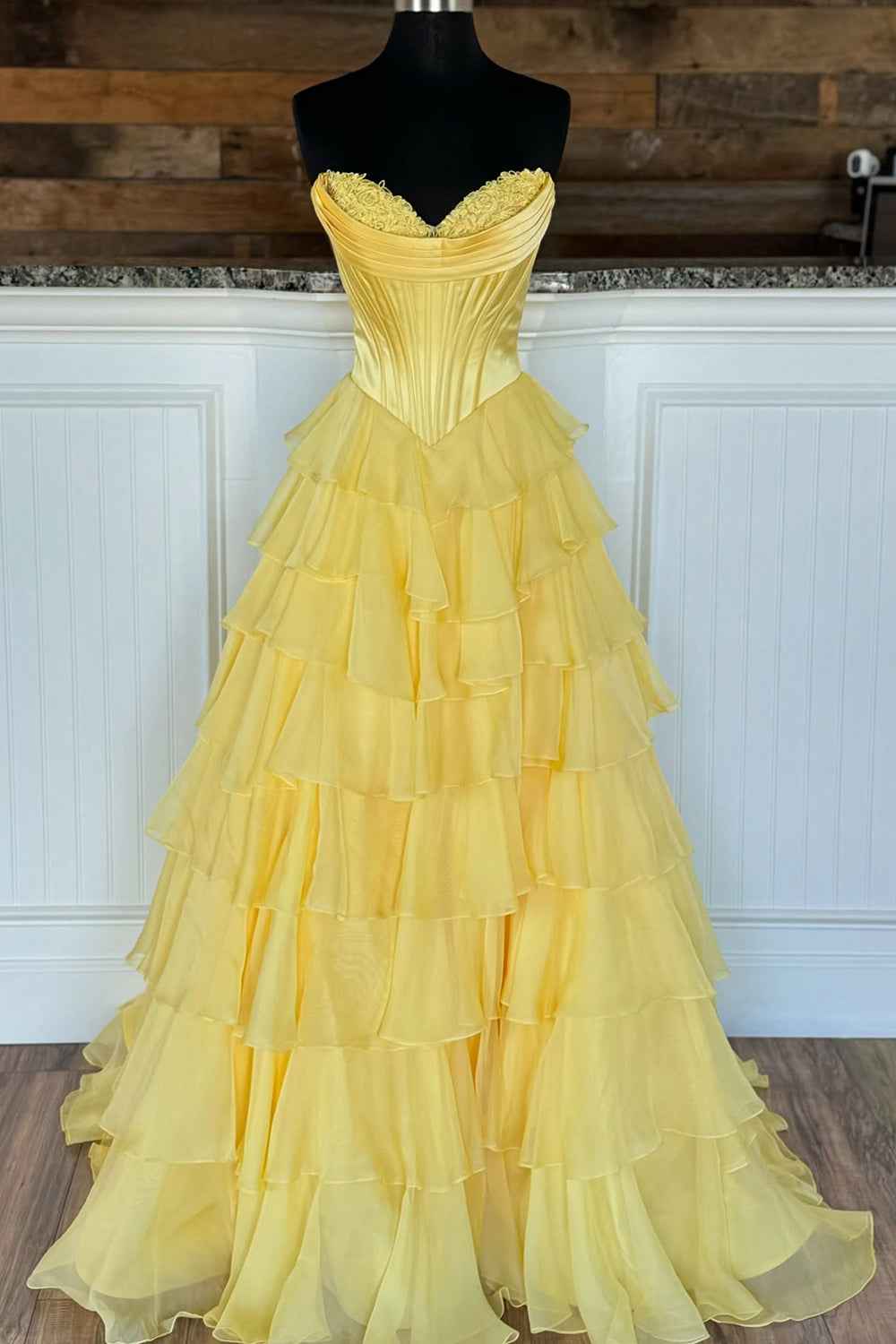 Yellow Princess Sweetheart Chiffon Ruffled Long Corset Prom Dress with Slit