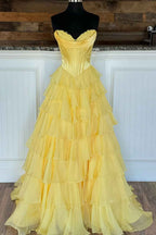 Yellow Princess Sweetheart Chiffon Ruffled Long Corset Prom Dress with Slit